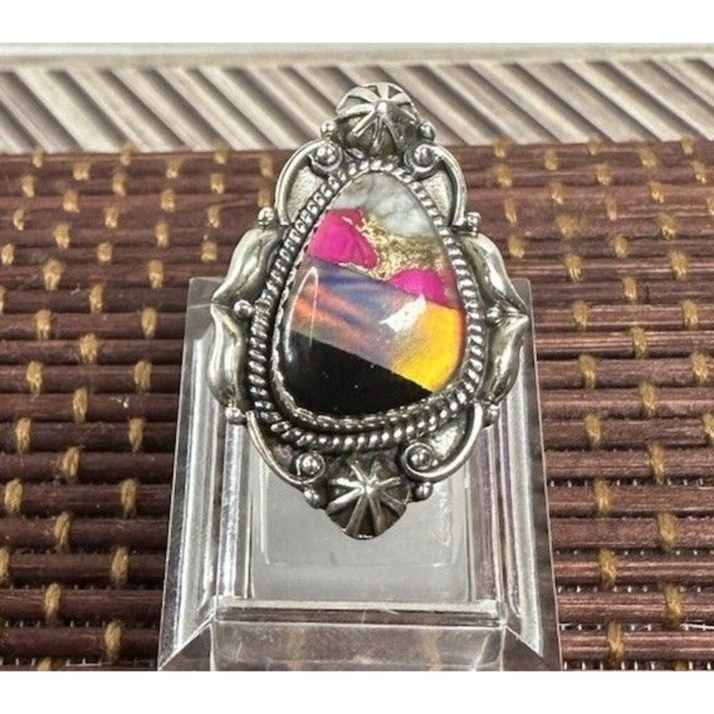 Southwest Sterling Silver Cotton Candy Dahlia Aurora Opal & Black Onyx Ring 7.25